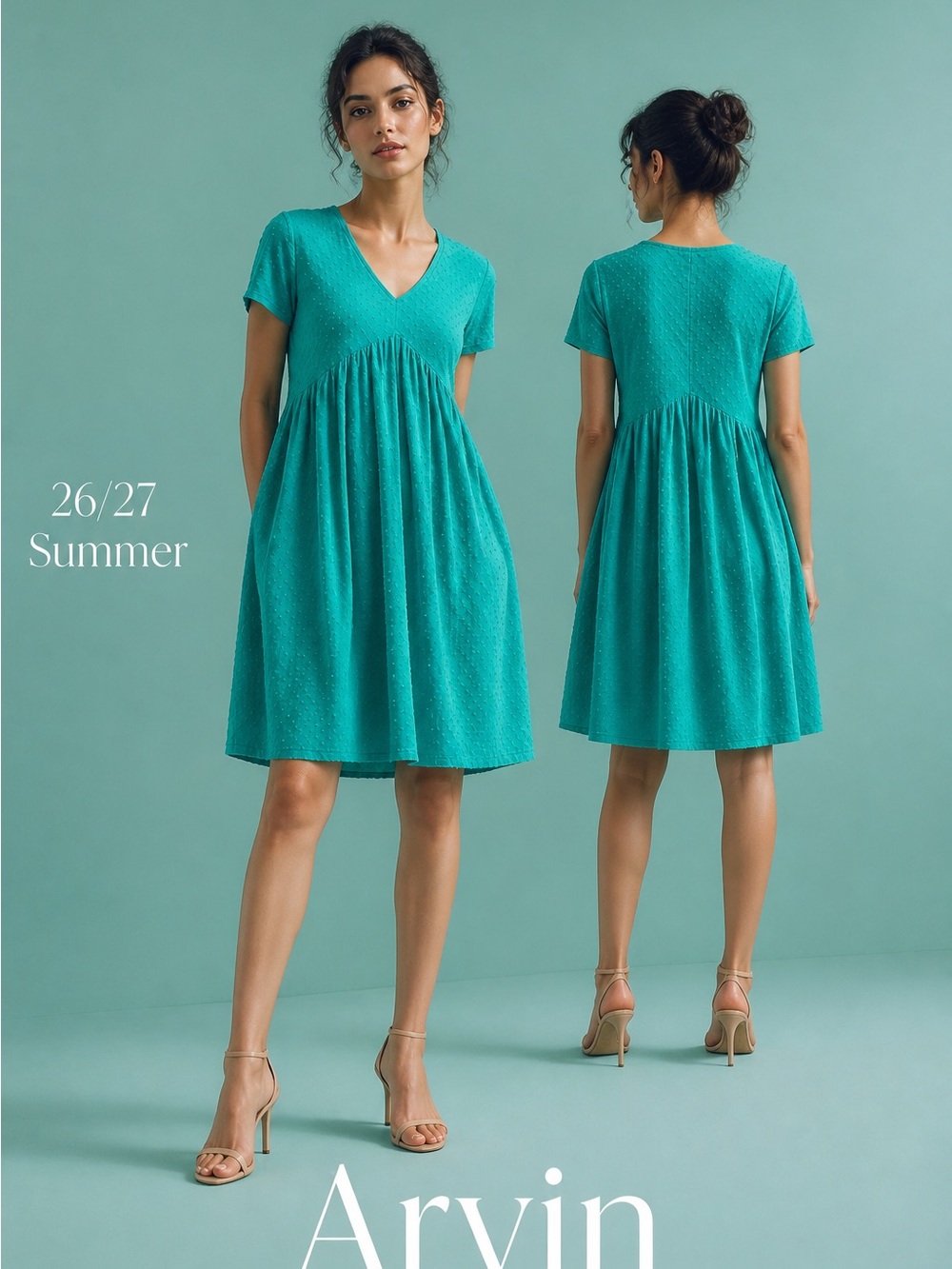 Teal V-Neck Short Sleeve Dress